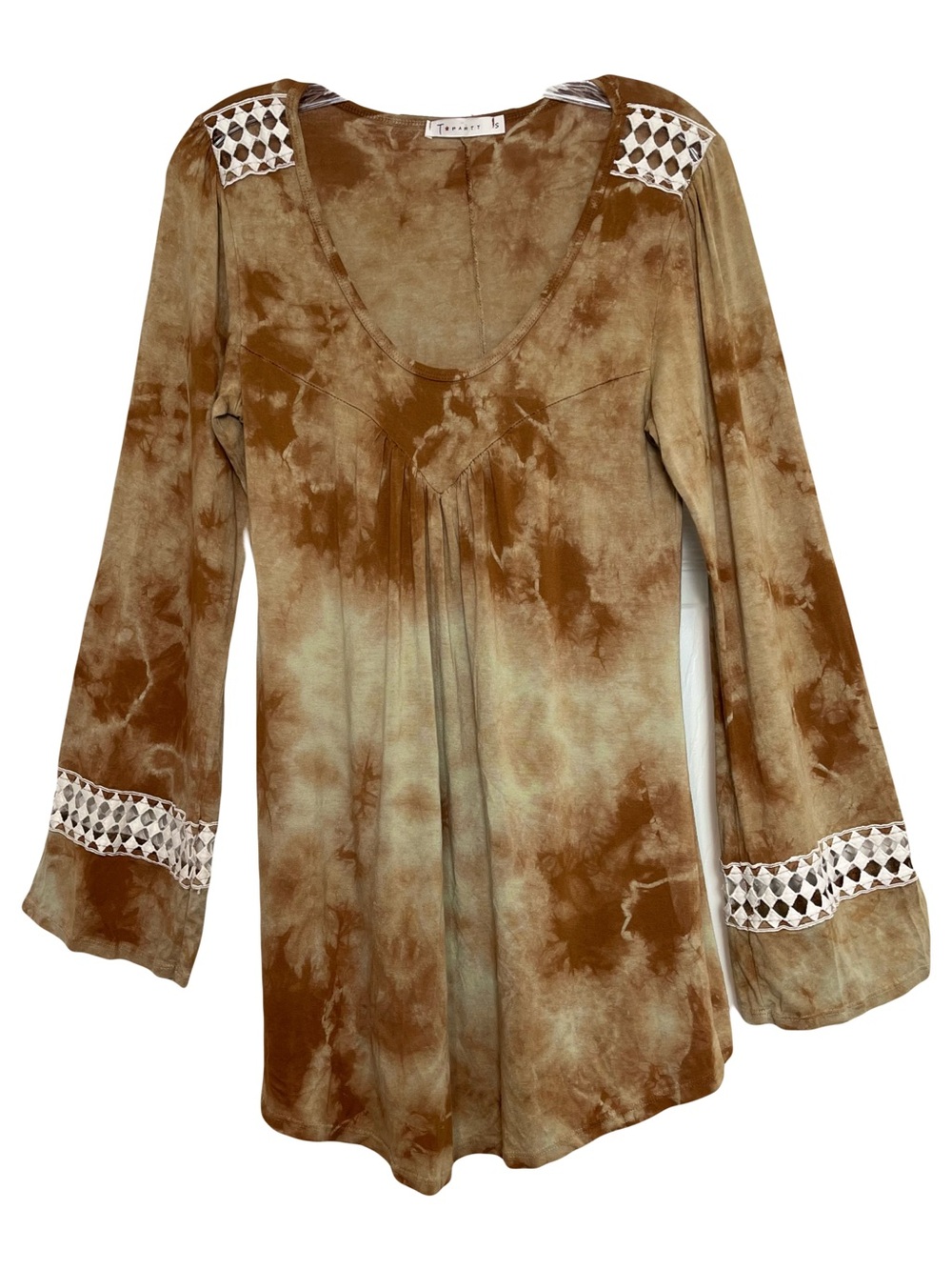 T Party | Brown Tie Dye Crochet Babydoll Long Sleeve Boho Top, Small